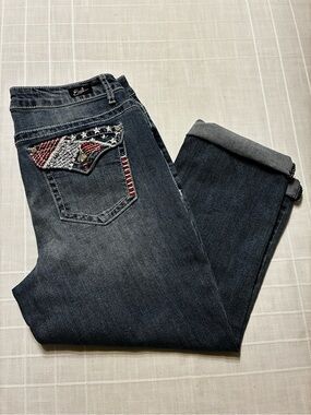Earl Jeans Dark Wash Boyfriend Jeans with Red, White & Navy Pocket Accents